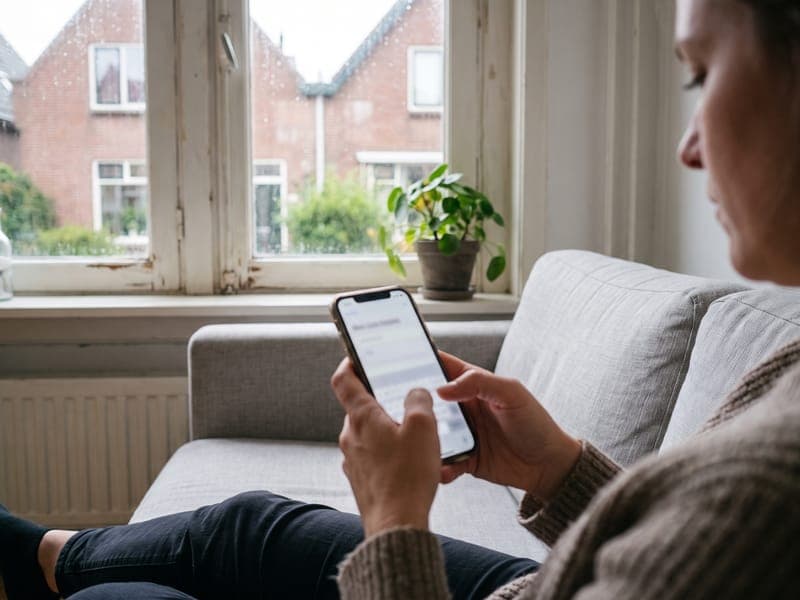 Iemand vult op de bank een aanvraag in op de telefoon