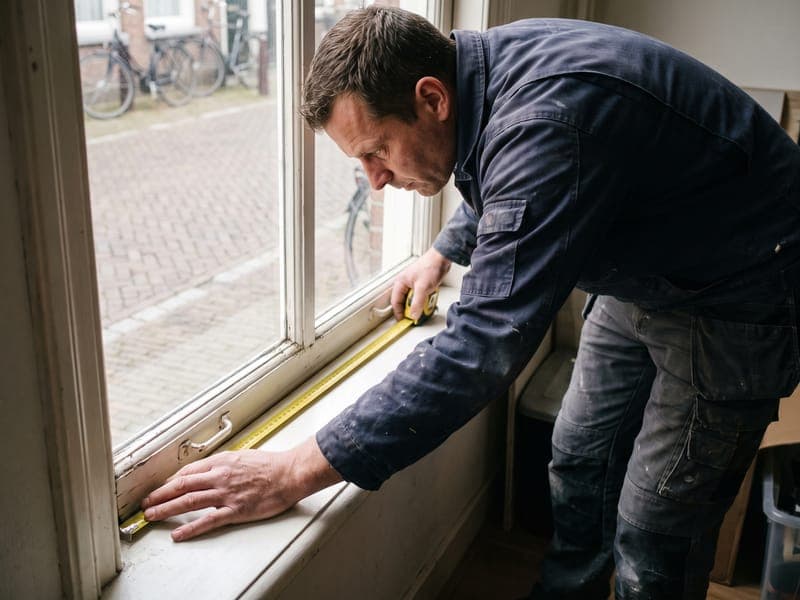 Vakman meet een raamkozijn op met een rolmaat