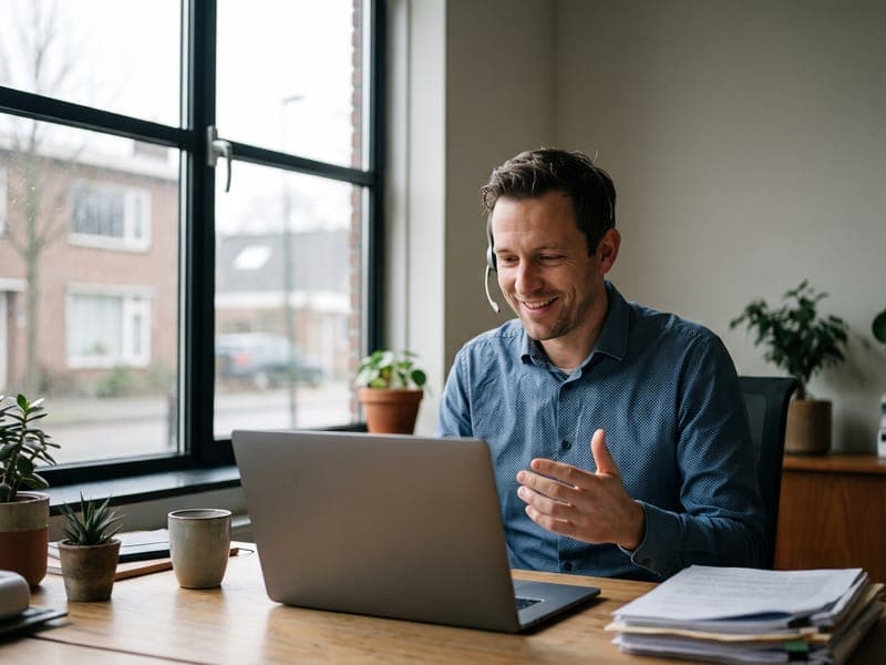 Adviseur met headset in gesprek aan een bureau