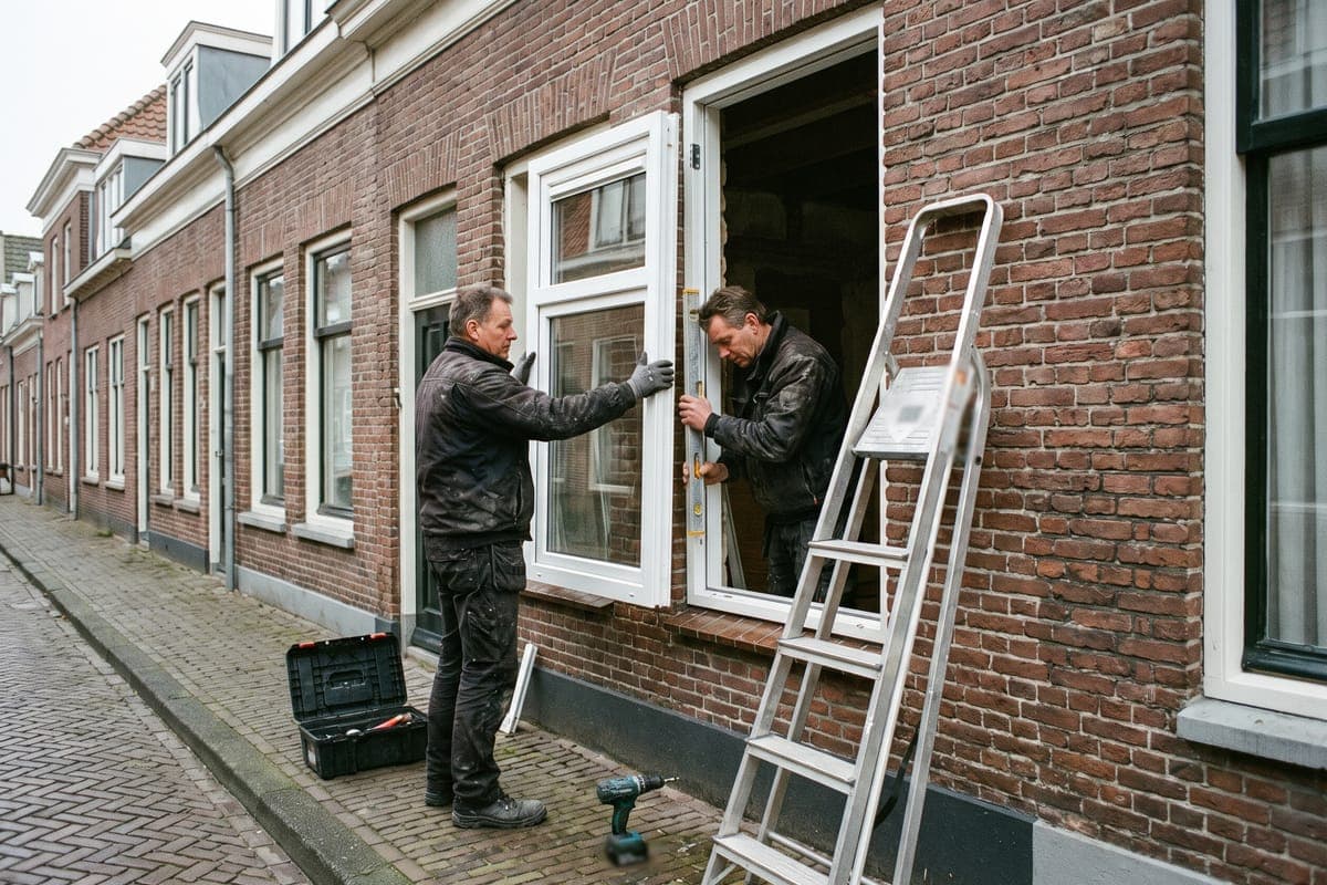 Twee monteurs plaatsen een nieuw kozijn in een gevel