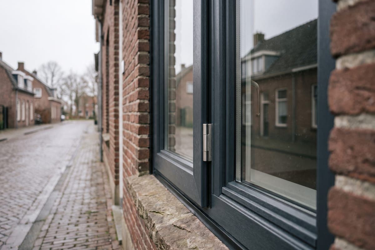 Detail van een antraciet kunststof kozijn met draaikiepraam