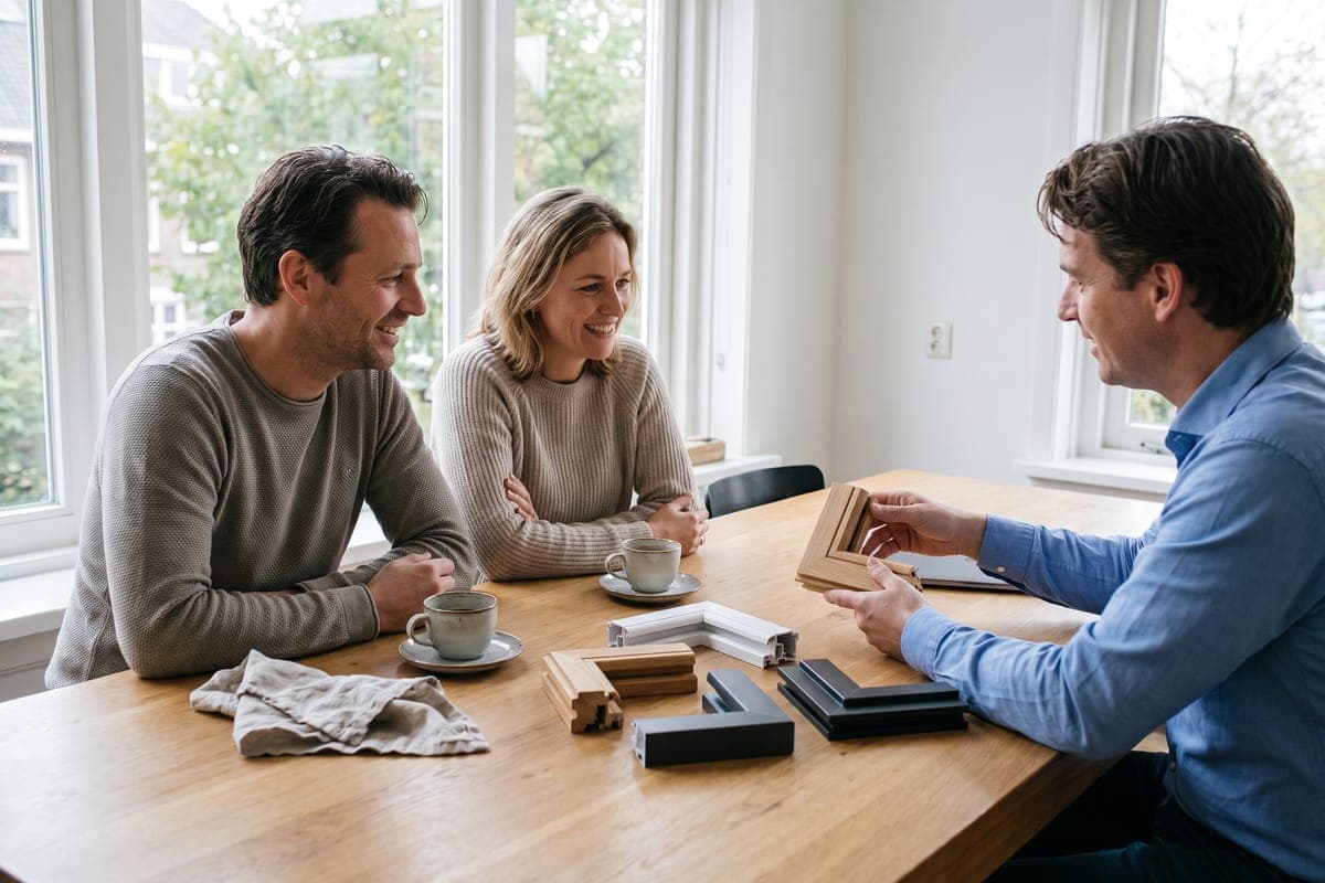 Adviseur bespreekt kozijnmonsters met een huiseigenaar aan de keukentafel